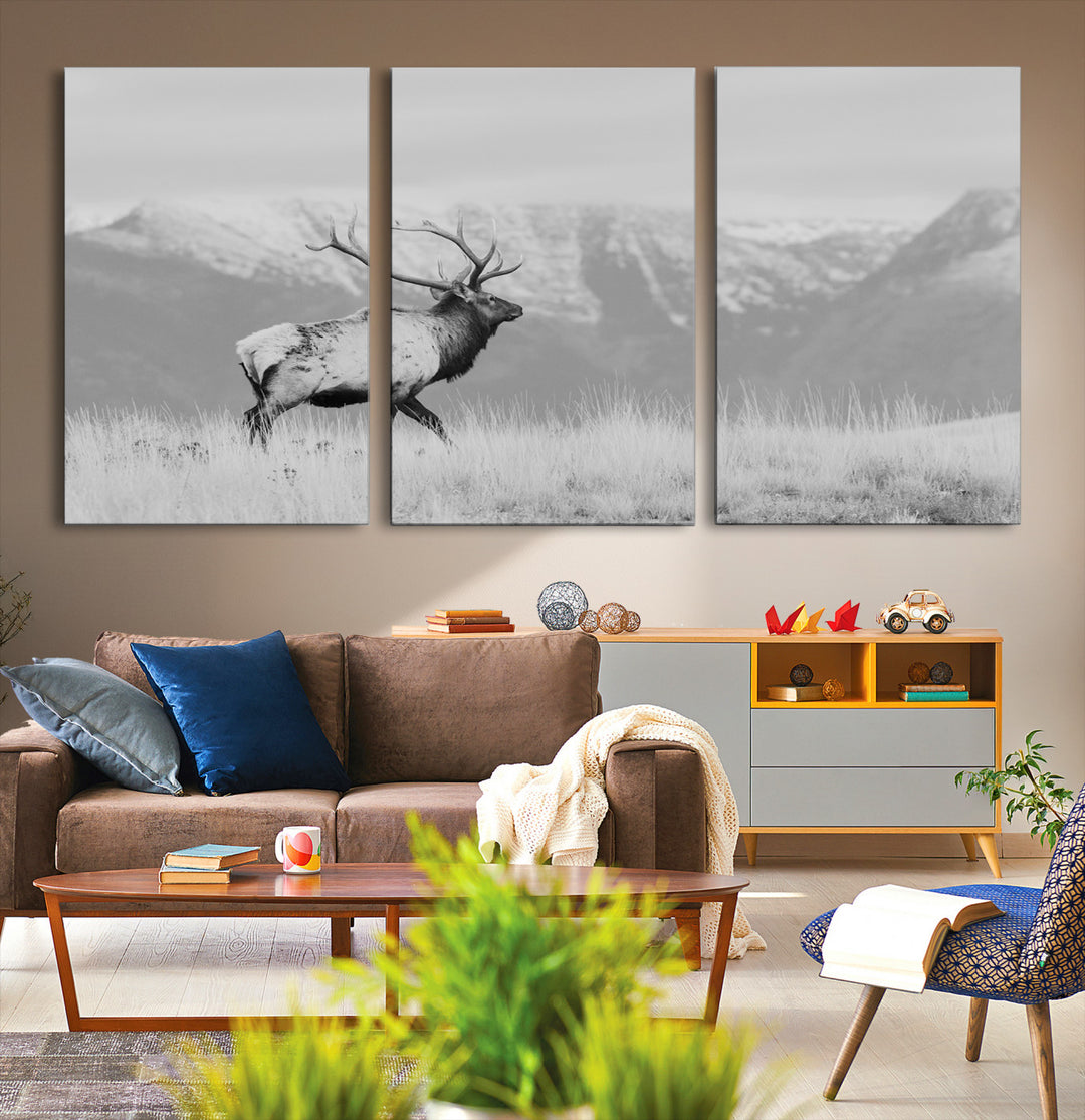 Rustic Elk Wall Art Canvas Print, Wildlife Antler Print, Framed Western Hunting Lodge Art Print, Large Mountain Nature Scene Printing Perfect for Japanese Decor