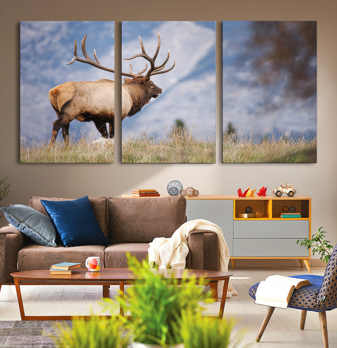 Rustic Elk Wall Art Canvas Print, Wildlife Antler Print, Framed Western Hunting Lodge Art Print