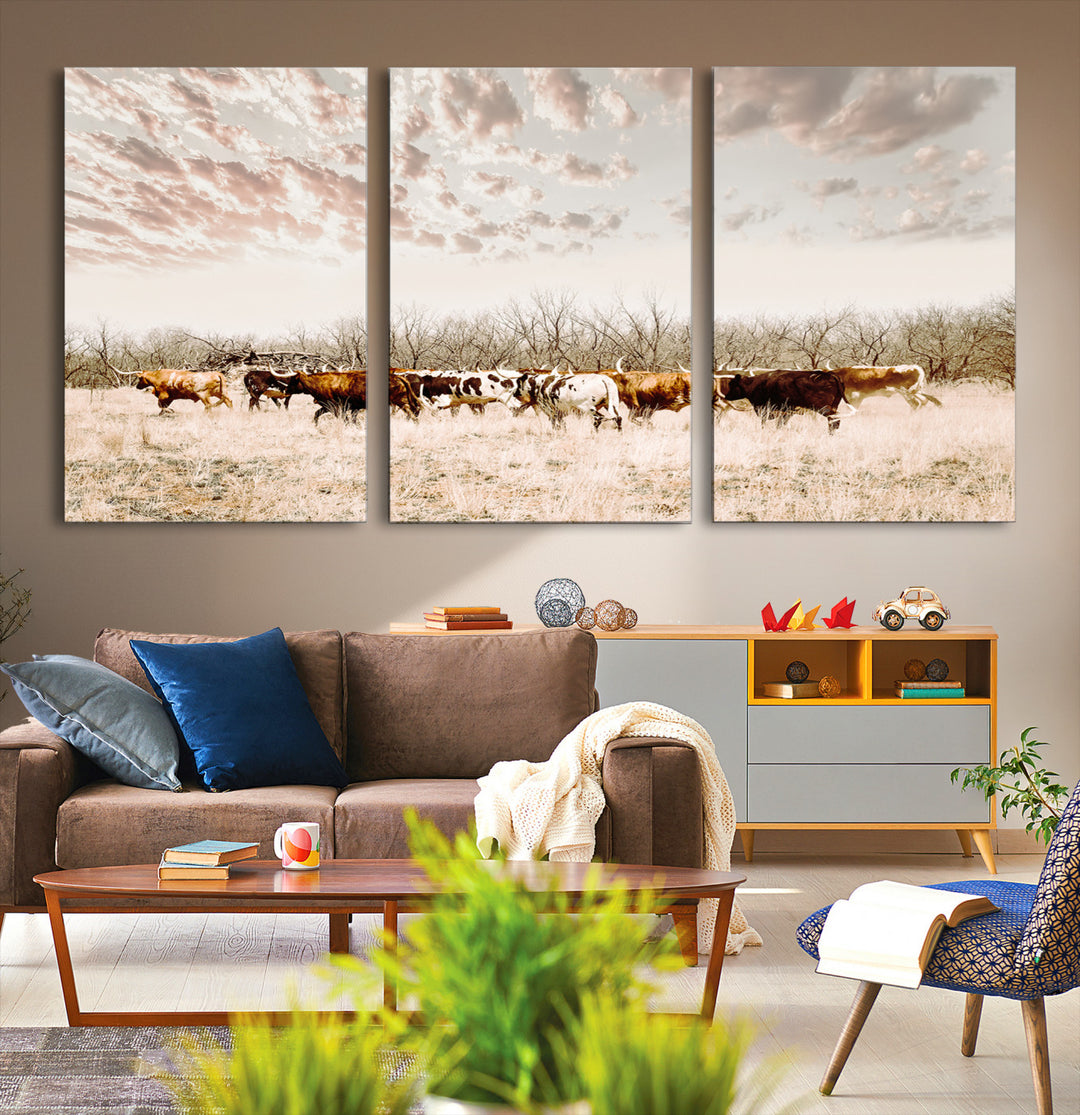 Longhorn Cattle Wall Art Canvas Print, Texas Ranch Print, Framed Western Cow Art Print, Large Prairie Landscape Printing Perfect for Western Decor