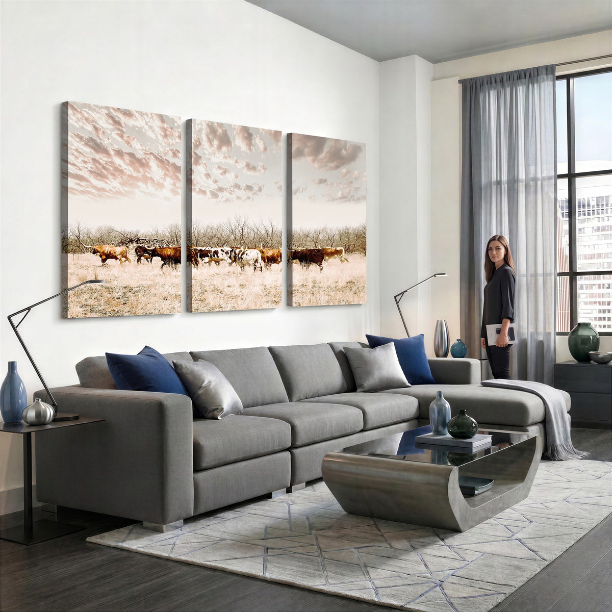 64892775-MGV-CV-24X16 - Longhorn Cattle Wall Art Canvas Print, Framed Texas Ranch Art, Western Cow Print, Prairie Landscape Decor