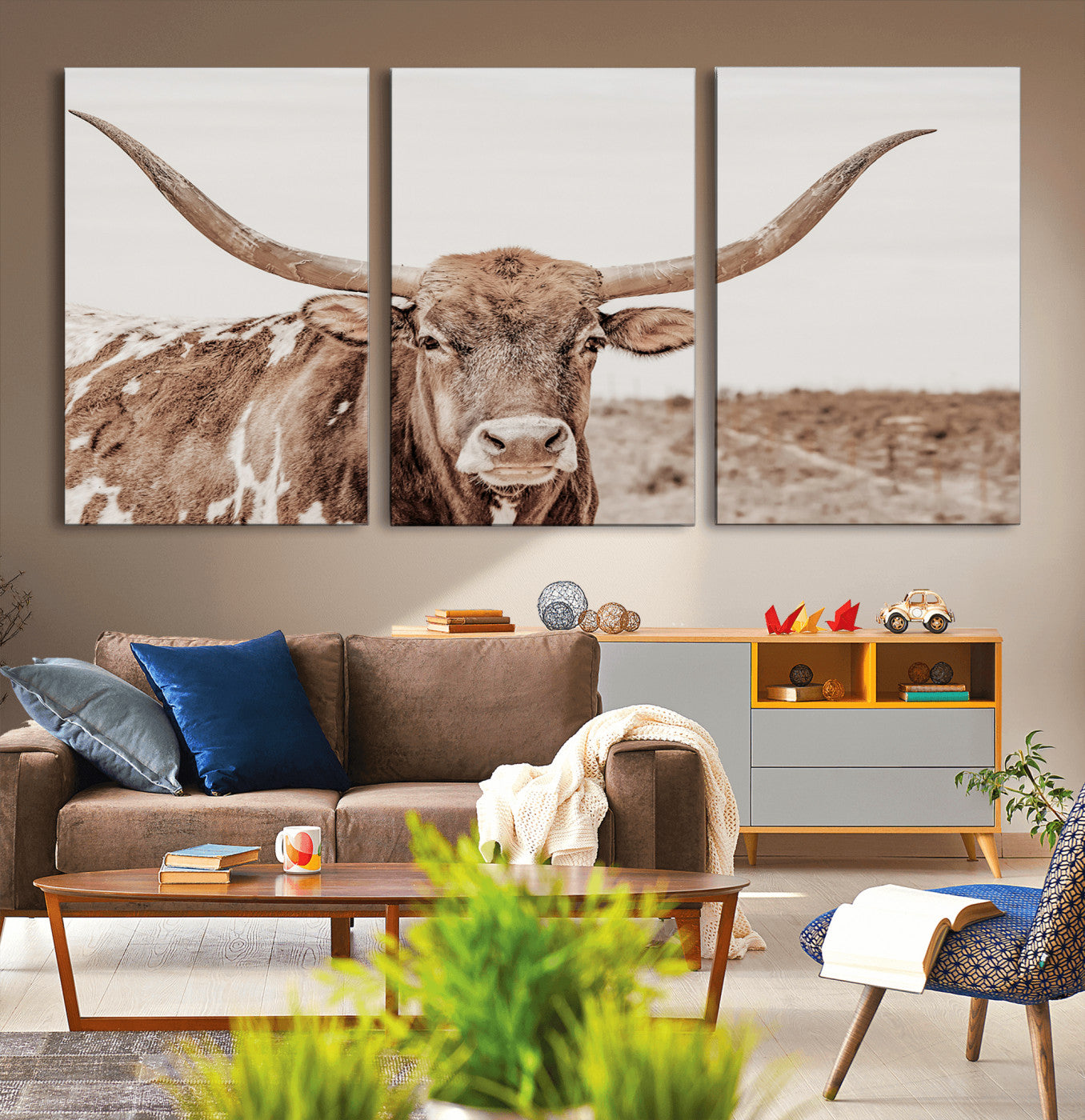 39964150-MGV-CV-36X24-Longhorn Cow Wall Art Canvas Print – Texas Ranch Bull Rustic Western Country Scenic Landscape Artwork for Home Office