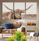 39964150-MGV-CV-36X24-Longhorn Cow Wall Art Canvas Print, Framed Texas Ranch Art Picture Print, Western Bull Perfect County Decor Artwork