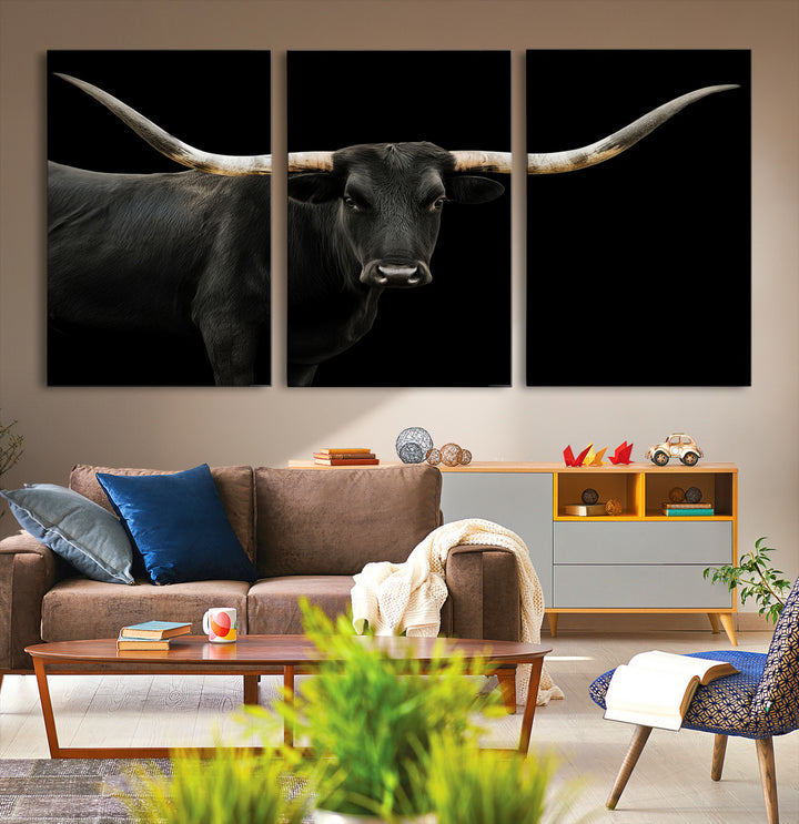 Black White Longhorn Bull Wall Art Canvas Print, Texas Ranch Print, Framed Western Cow Art Print for Farmhouse Decor - Longhorn Print