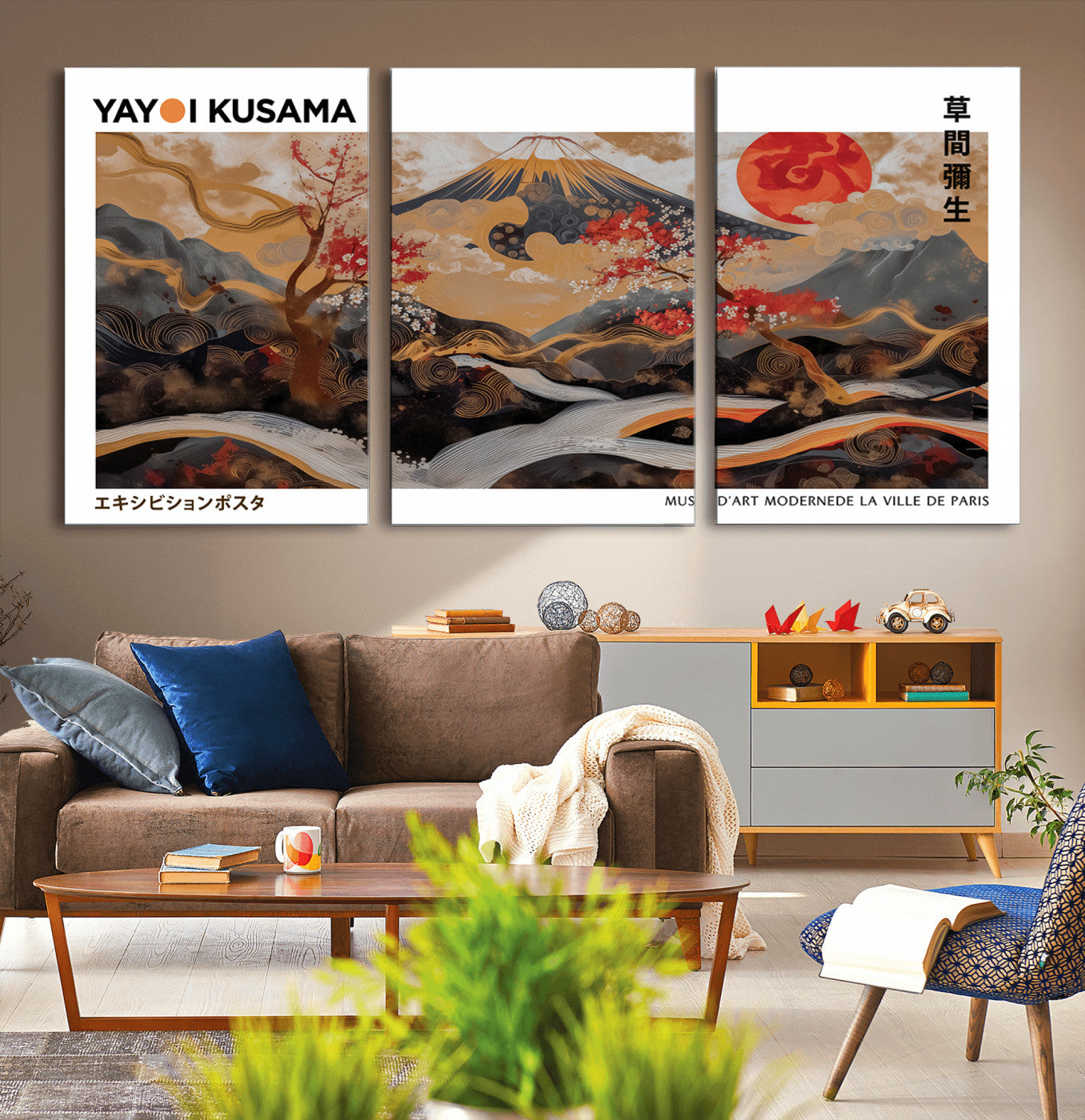 40959107-MGV-CV-36X24-Modern Japanese Wall Art Canvas Print – Framed Abstract Mount Fuji Scene Inspired Yayoi Kusama for Home, Office
