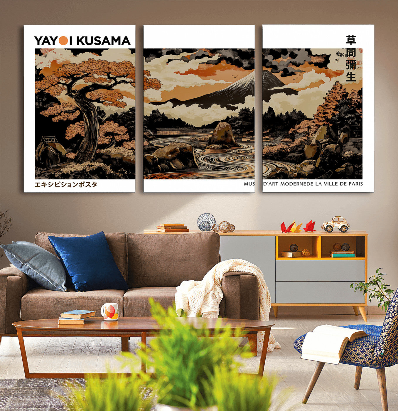 96372548-MGV-CV-36X24-Modern Japanese Wall Art Canvas Print – Framed Abstract Mount Fuji Scene with Yayoi Kusama Style Artwork for Home, Office