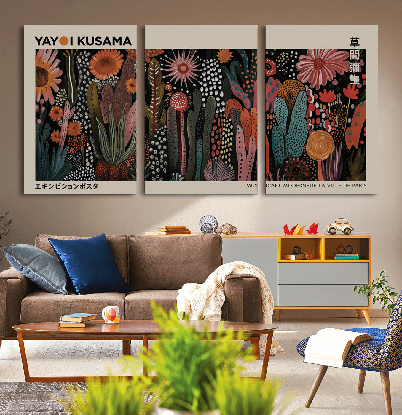 28344895-MGV-CV-36X24-Modern Japanese Wall Art Canvas Print – Framed Abstract Mount Fuji Scene with Contemporary Yayoi Kusama Artwork for Home, Office