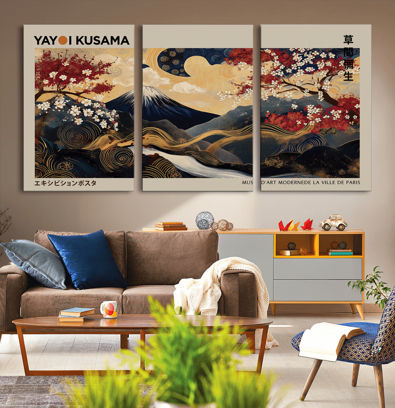 MGV-CV-60X30-3P - Modern Japanese Wall Art, Yayoi Kusama Japanese Print Wall Art, Abstract Mount Fuji Canvas Print,