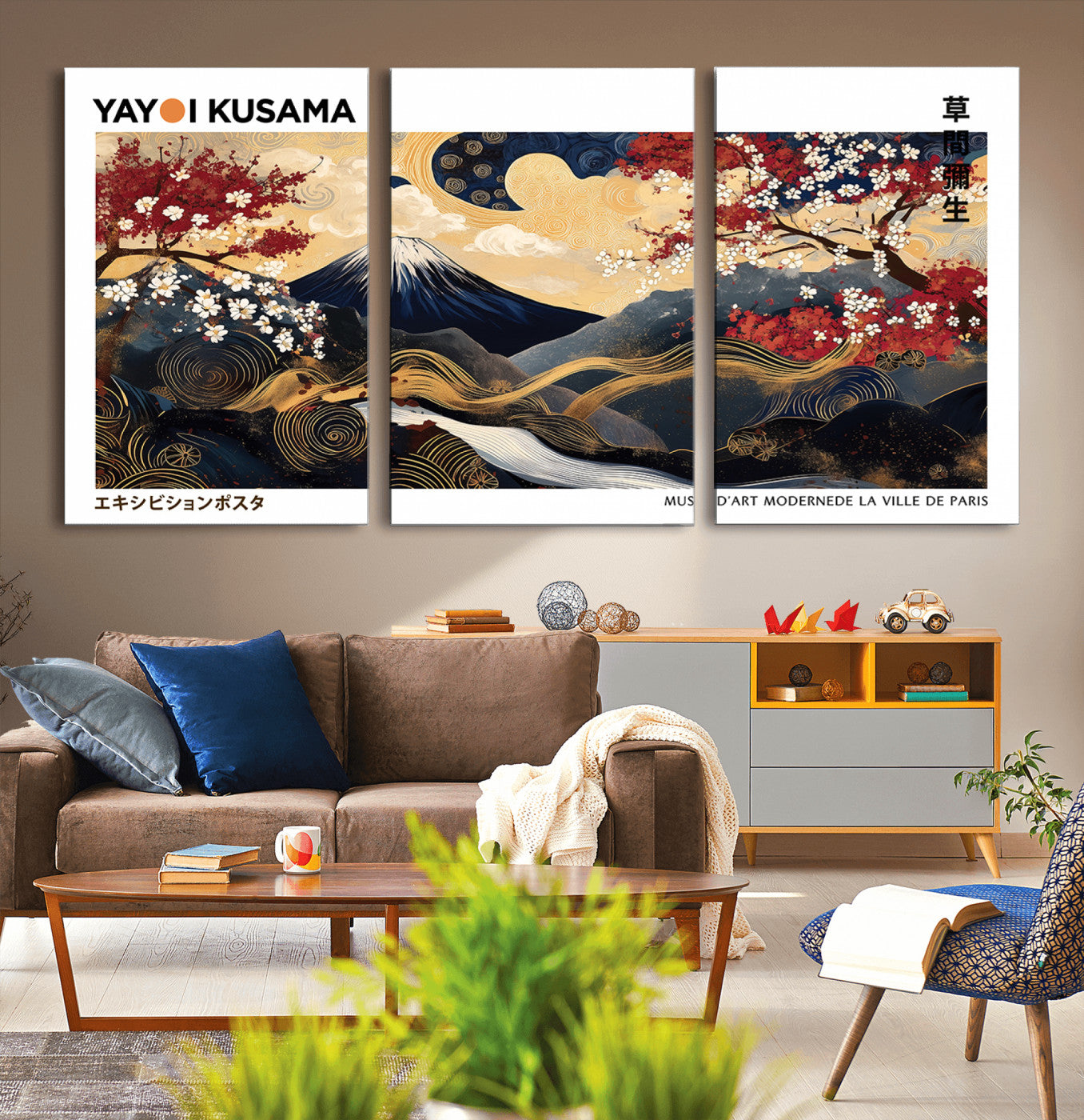 66243961-MGV-CV-36X24-Modern Mount Fuji Wall Art Canvas Print – Framed Abstract Mount Fuji Scene with Yayoi Kusama Artwork for Home, Office