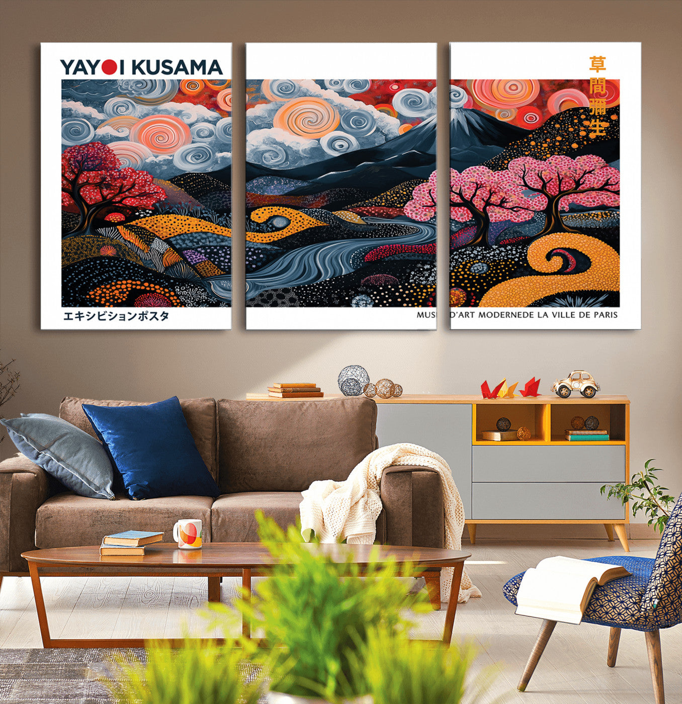 43879290-MGV-CV-36X24-Modern Japanese Wall Art Canvas Print – Framed Abstract Mount Fuji Scene with Yayoi Kusama Artwork for Home, Office