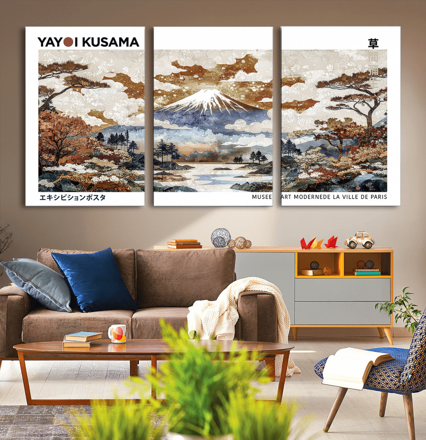 59644240-MGV-CV-36X24-Modern Japanese Wall Art Canvas Print – Framed Abstract Mount Fuji Scene with Yayoi Kusama Artwork for Home, Office