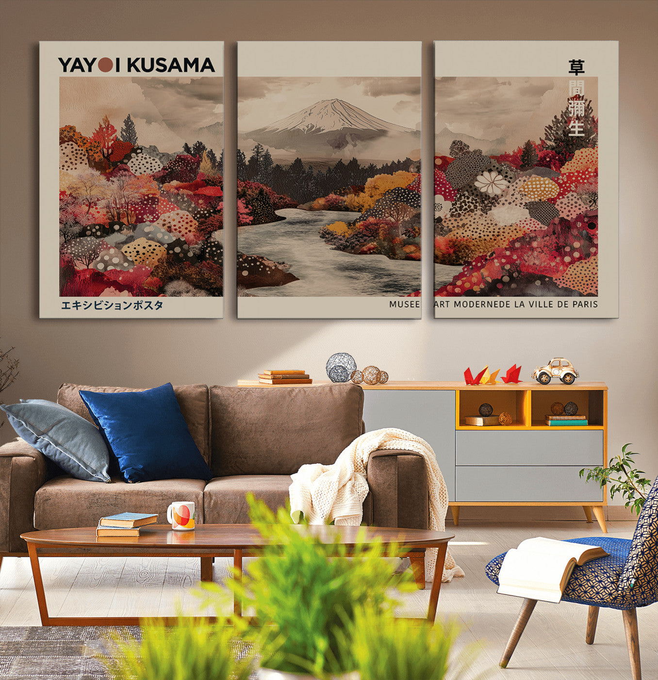 90660838-MGV-CV-36X24-Modern Japanese Wall Art Canvas Print – Framed Abstract Mount Fuji Scene with Yayoi Kusama Artwork for Home, Office