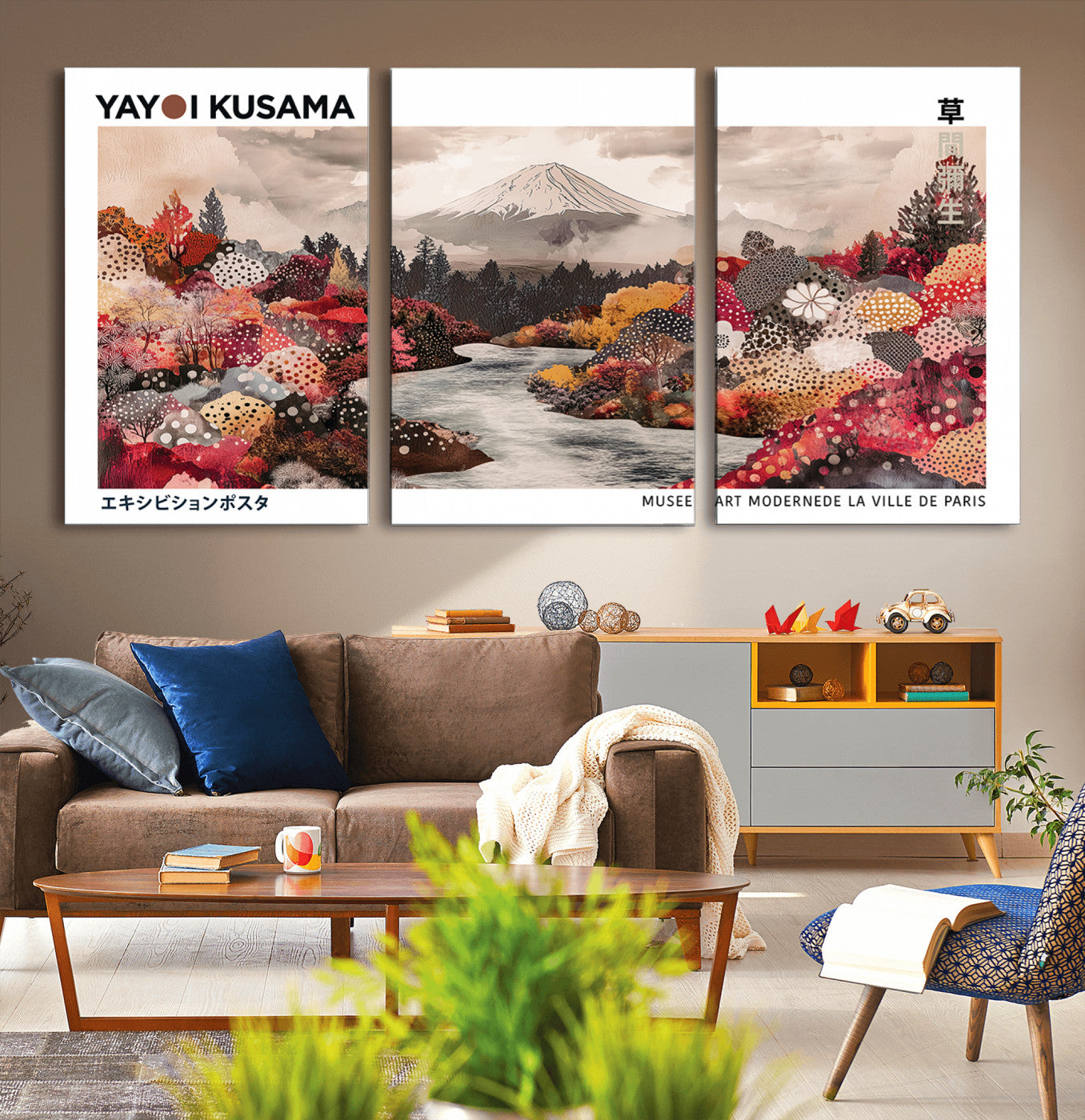 MGV-CV-60X30-3P - Modern Japanese Wall Art Print, Yayoi Kusama Canvas Wall Art, Abstract Mount Fuji Art Canvas Print,