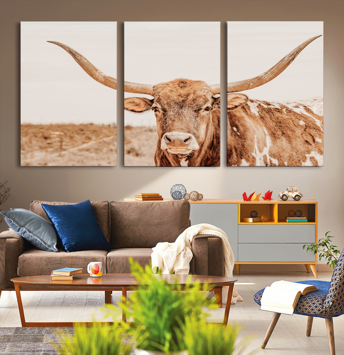 MGV-CV-60X30-3P - Longhorn Bull Wall Art Canvas Print, Framed Western Cow Art Picture Print, Rustic Farmhouse Perfect Neutral Farmhouse Decor Artwork