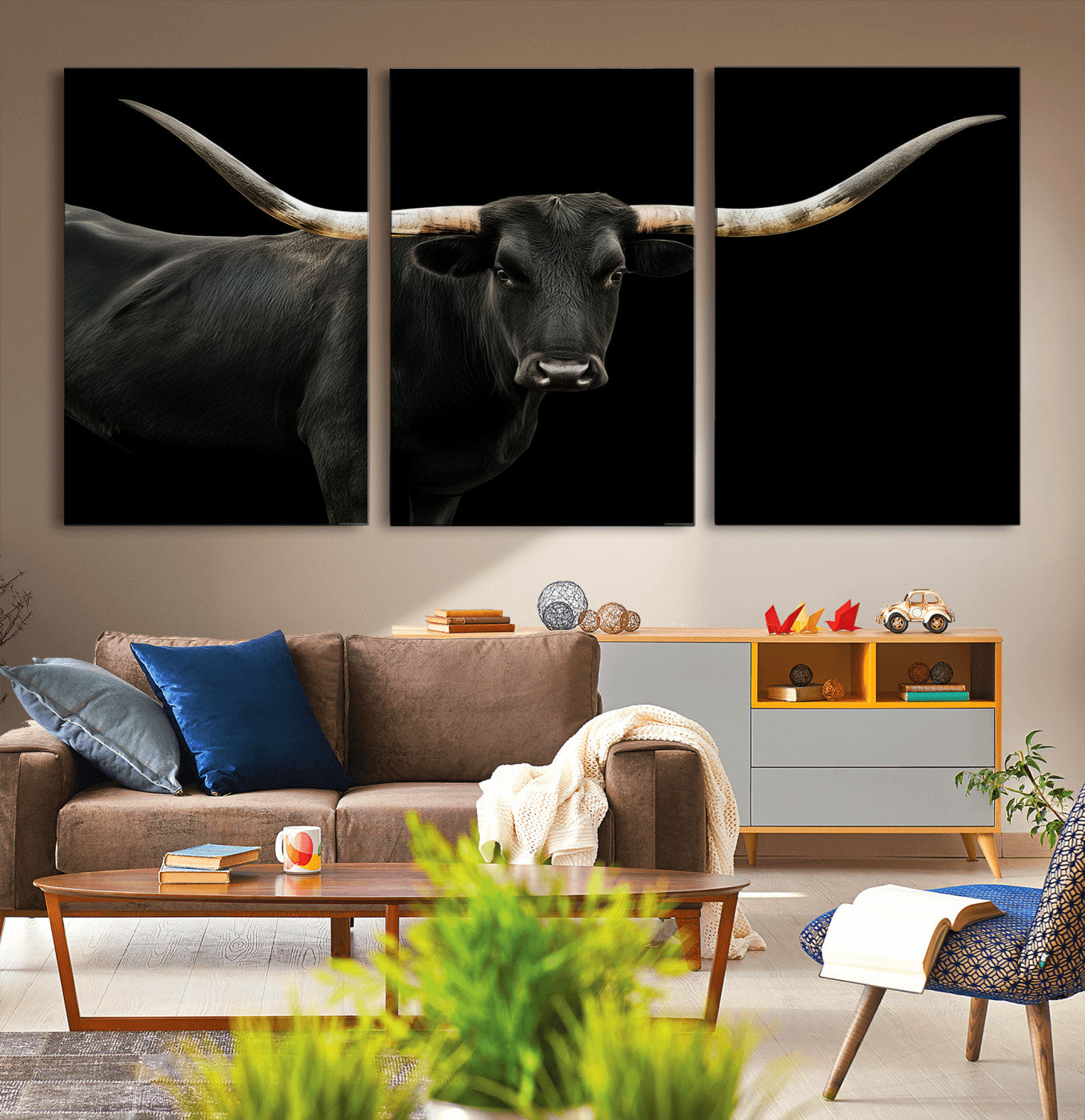 MGV-CV-60X30-3P - Texas Longhorn Wall Art Canvas Print, Framed Rustic Western Art Picture Print, Farmhouse Animal Perfect Modern Western Minimalist Decor Artwork
