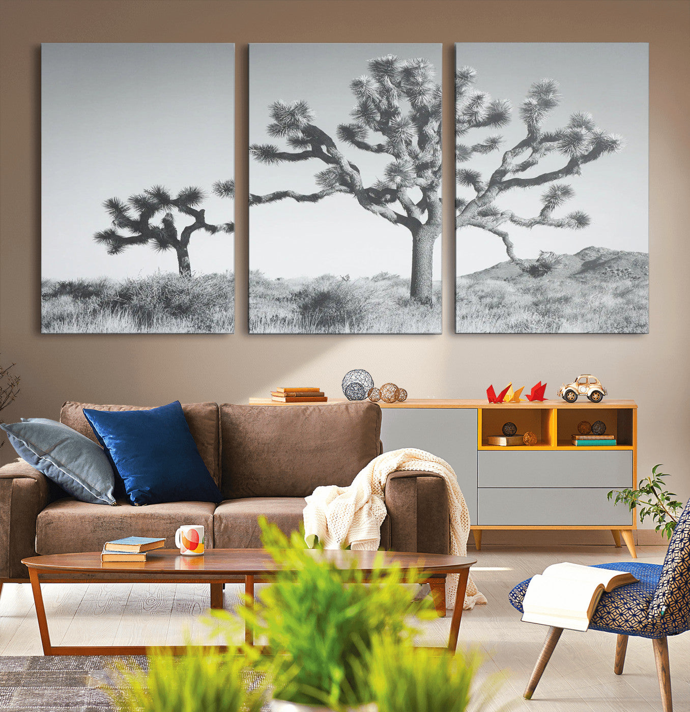 58647785-MGV-CV-36X24-Joshua Trees Wall Art Canvas Print – Framed Black White Desert Landscape Dry Grass Hills Tranquil Artwork for Home Office