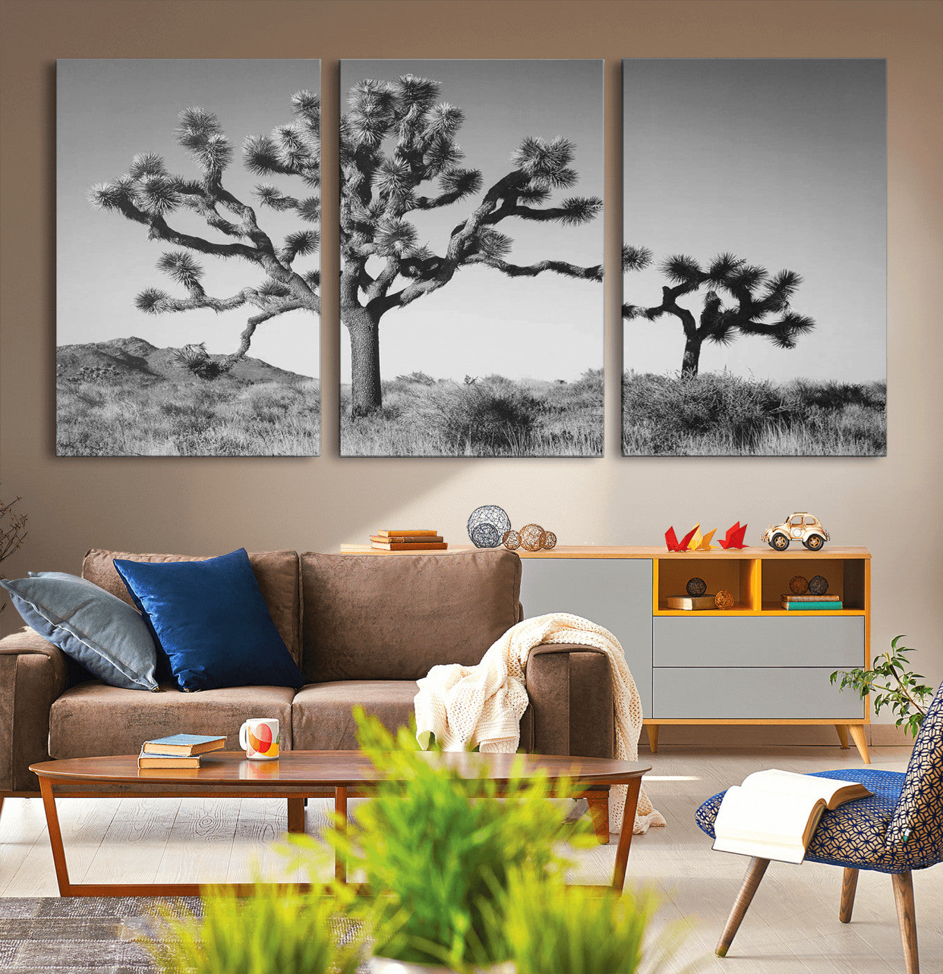 MGV-CV-60X30-3P - Joshua Tree Wall Art Canvas Print, Framed Monochrome Desert Art Picture Print, Minimalist Nature Scene Perfect Southwestern Minimalist Decor Artwork