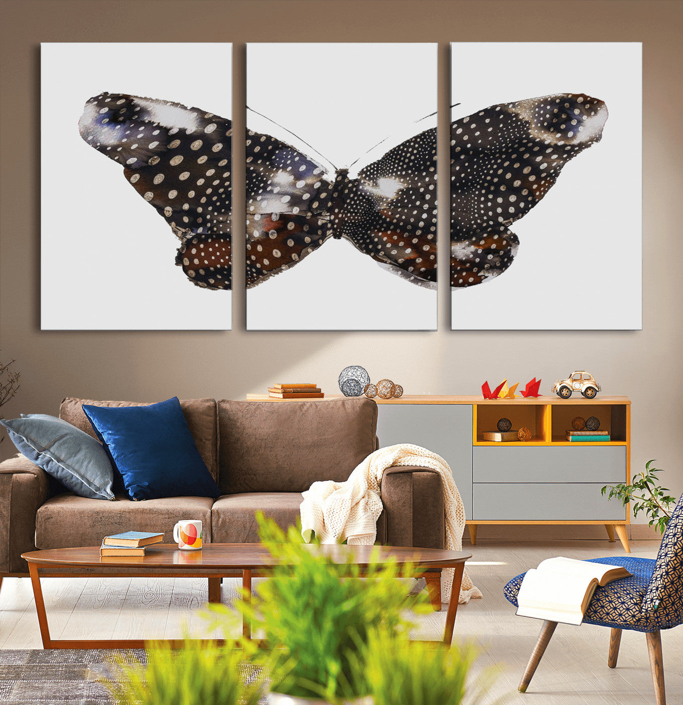 MGV-CV-60X30-3P - Spotted Butterfly Wall Art Canvas Print, Framed Neutral Insect Theme Art Picture Print, Earthy Wing Pattern Perfect Modern Rustic Decor Artwork