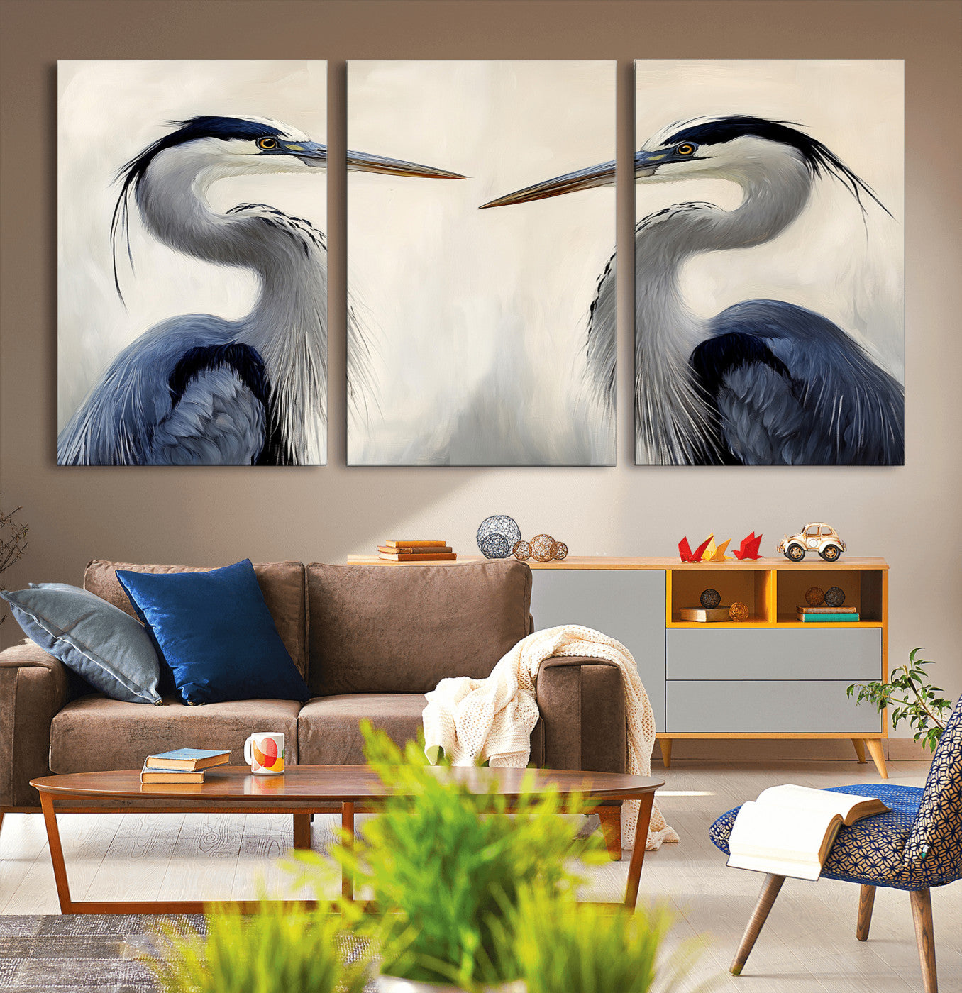 MGV-CV-60X30-3P - Blue Heron Pair Wall Art Canvas Print, Framed Coastal Bird Theme Art Picture Print, Tranquil Wildlife Scene Perfect Coastal Minimalist Decor Artwork
