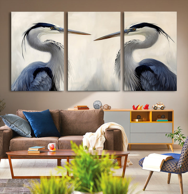 Blue Heron Pair Wall Art Canvas Print, Coastal Bird Theme Print, Framed Tranquil Wildlife Scene Art Print, Large Nature Inspired Decor Printing