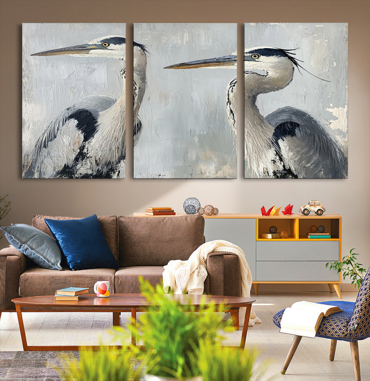 Bird Canvas Decor Wall Art Canvas Print, Coastal Bird Pair Print, Framed Minimalist Wildlife Wall Art Print, Large Blue Grey Animal Art Printing