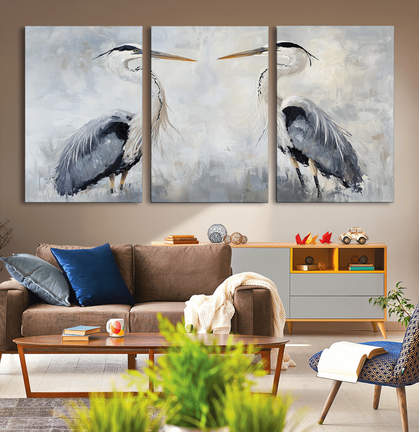 90806932-MGV-CV-60X30-3P-Heron Wall Art Canvas Print – Framed Bird Nature Inspired Coastal Minimalist Wildlife Artwork for Home Office