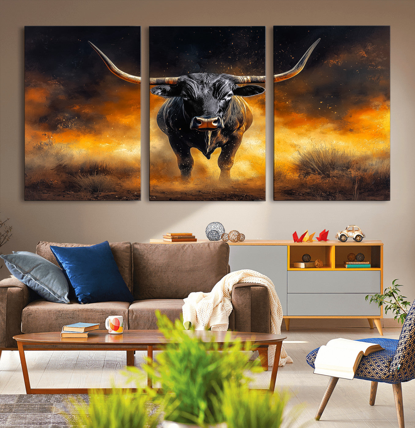 58293979-MGV-CV-36X24-Longhorn Canvas Wall Art Canvas Print – Framed Bold Bull Western Animal Dramatic Ranch Artwork for Home Office