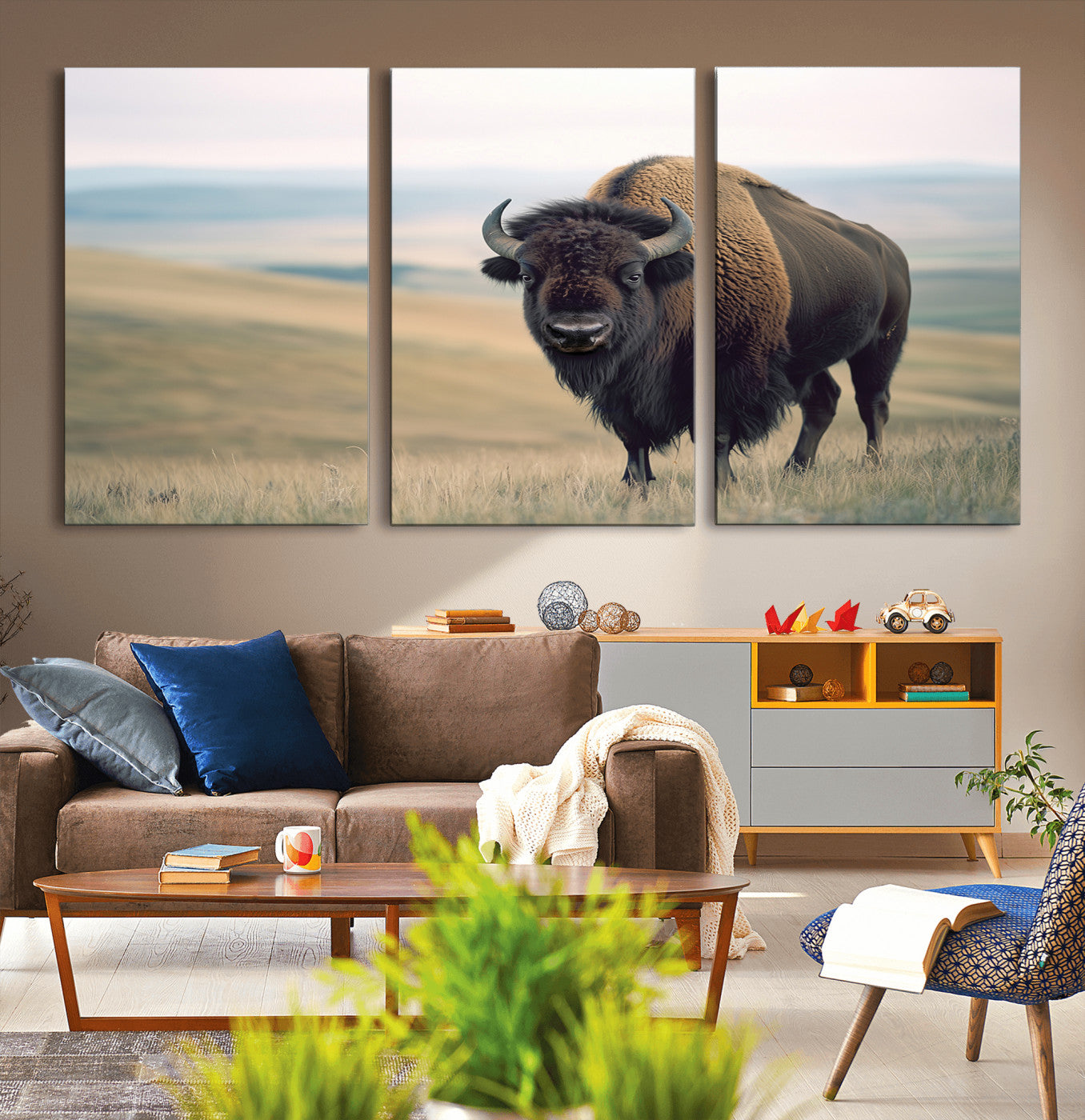 60097194-MGV-CV-36X24-Bison Wall Art Canvas Print – Framed Buffalo American Bison Western Ranch Rustic Animal Artwork for Home, Office