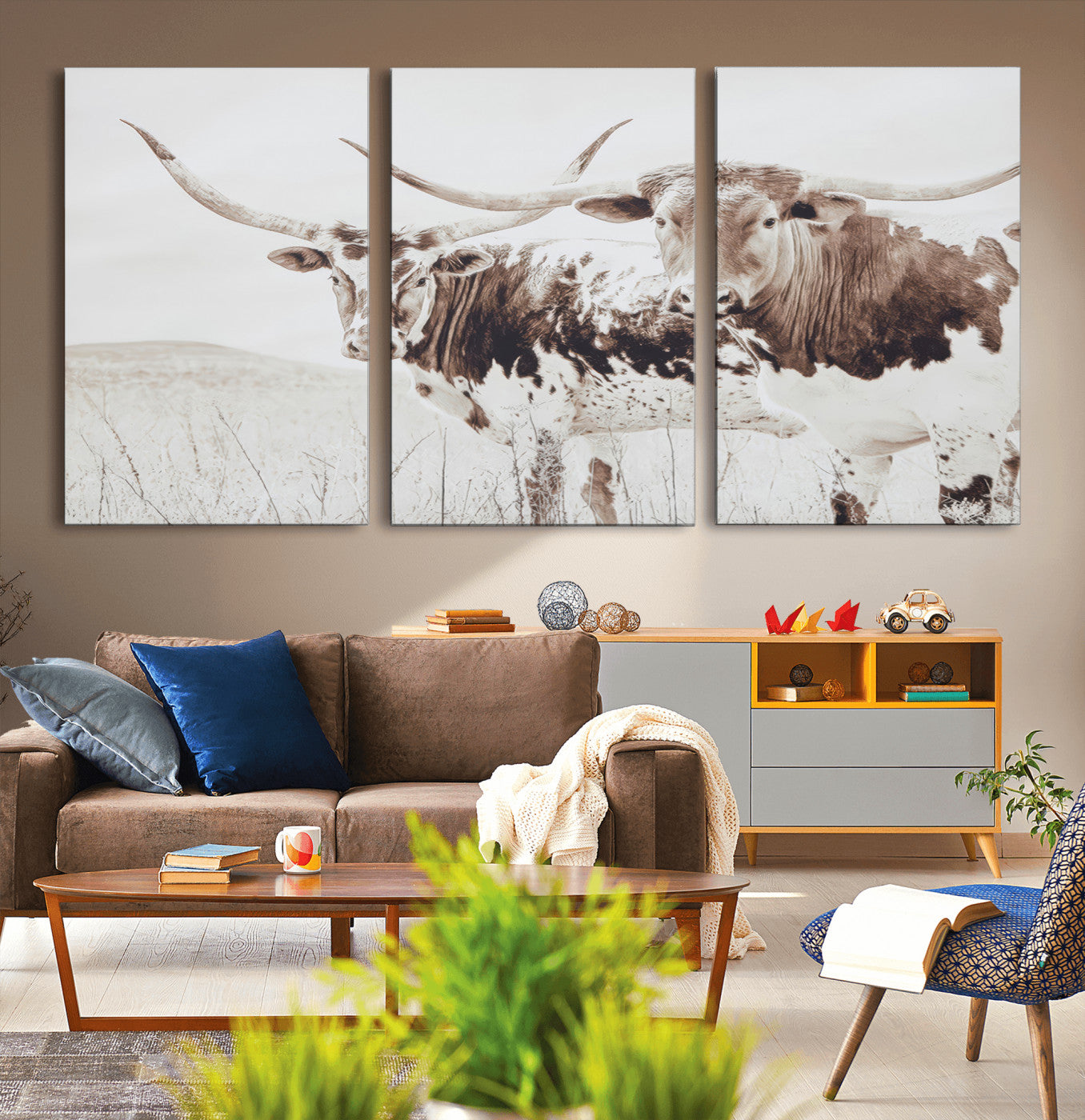 44871787-MGV-CV-60X30-3P-Longhorn Wall Art Canvas Print – Framed Western Cow Rustic Farmhouse Countryside Animal Artwork for Home, Office