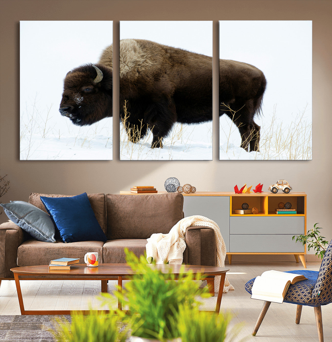 76778120-MGV-CV-36X24-Bison Wall Art Canvas Print – Framed Western Wildlife Buffalo Snow Rustic Nature Scene Artwork for Home Office