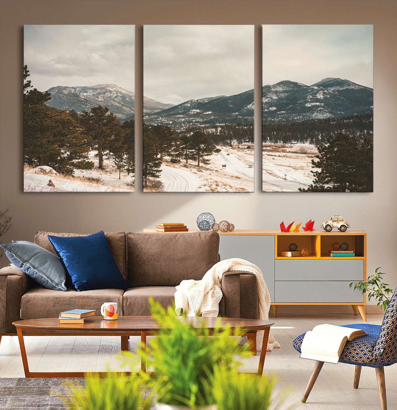 77311749-MGV-CV-60X30-3P-Mountain Landscape Wall Art Canvas Print – Framed Snowy Peaks Alpine Aesthetic Rustic Winter Scene Artwork for Home Office