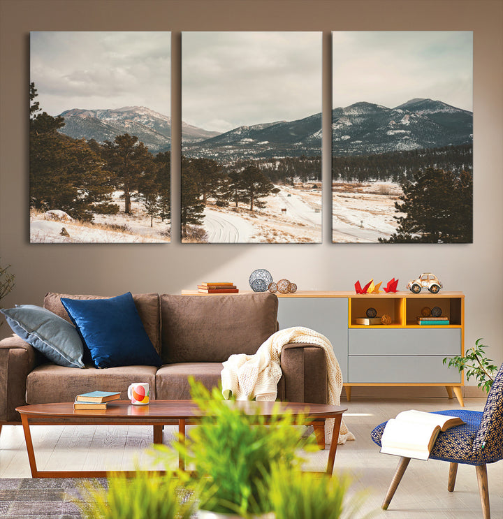 Mountain Landscape Wall Art Canvas Print, Framed Snowy Peaks Art Picture Print, Alpine Aesthetic Perfect Rustic Winter Decor Artwork