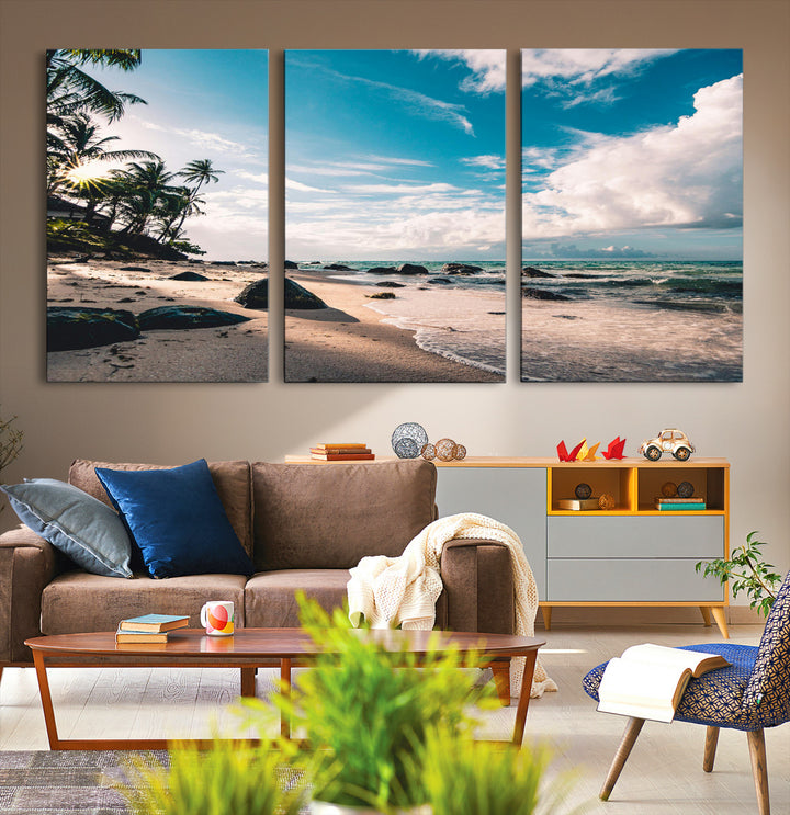 Tropical Beach Wall Art Canvas Print, Framed Ocean Waves Art Picture Print, Relaxing Seascape Perfect Tropical Coastal Decor Artwork