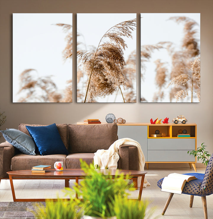 Pampas Grass Wall Art Canvas Print, Framed Neutral Tones Art Picture Print, Minimalist Nature Perfect Boho Decor Artwork