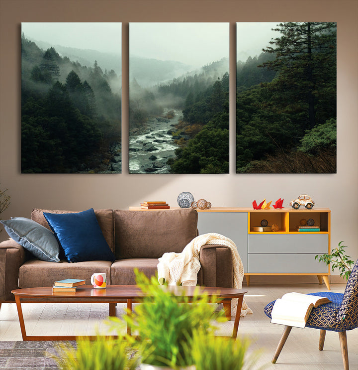 Misty Forest Wall Art Canvas Print, Framed Foggy River Art Picture Print, Moody Landscape Perfect Wilderness Decor Artwork