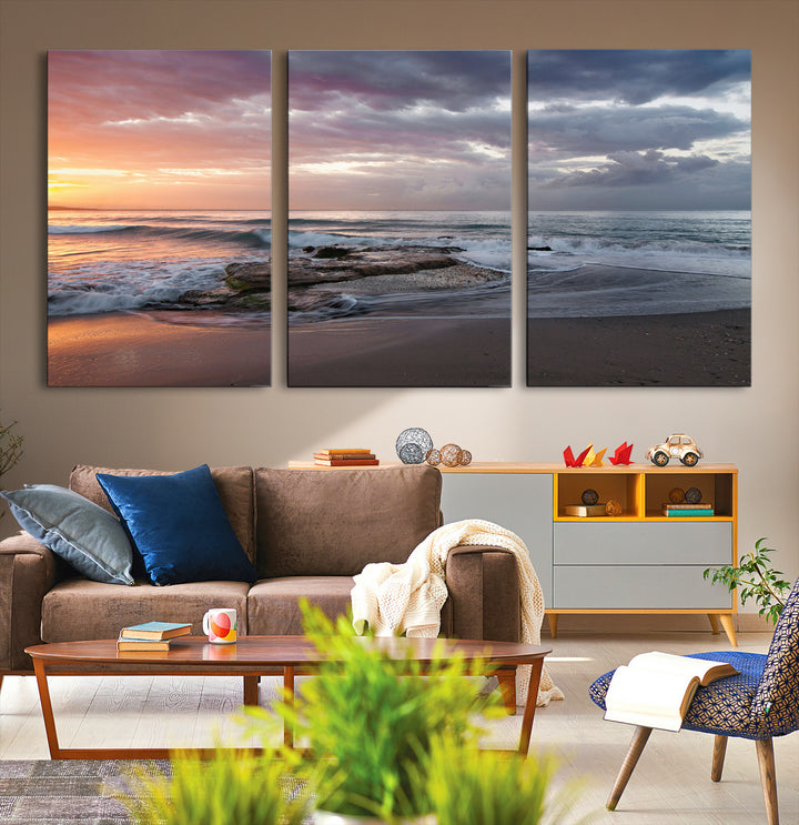Golden Hour Wall Art Canvas Print, Framed Tranquil Waves Art Picture Print, Beach Perfect Coastal Serenity Decor Artwork