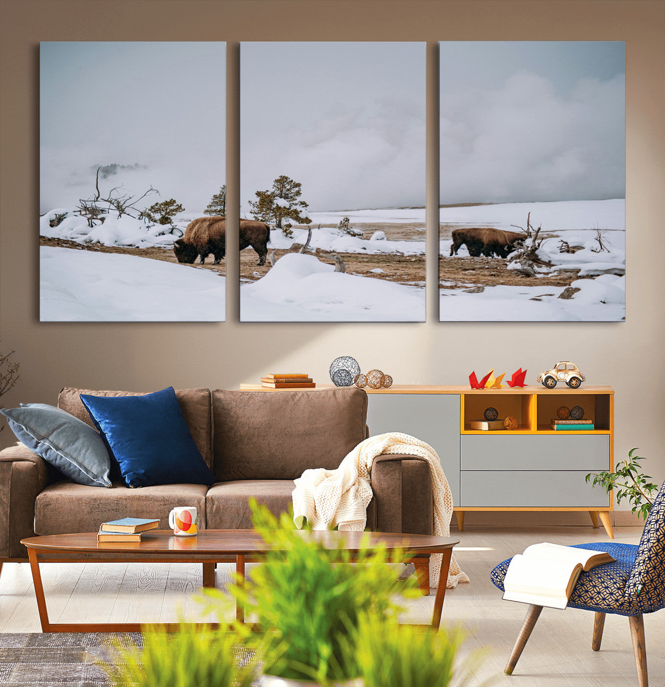 60308289-MGV-CV-36X24-Bison Wildlife Wall Art Canvas Print – Framed Snowy Prairie Western Rustic Nature Scene Artwork for Home Office