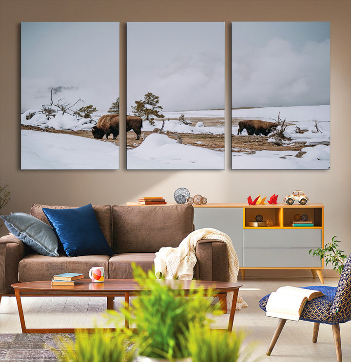 Bison Wildlife Wall Art Canvas Print, Framed Snowy Prairie Art Picture Print, Western Perfect Rustic Decor Artwork