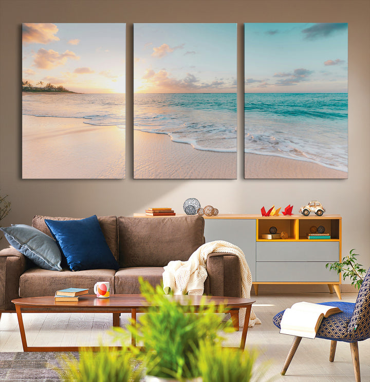 Beach Sunset Wall Art Canvas Print, Framed Ocean Waves Art Picture Print, Summer Escape Perfect Coastal Decor Artwork