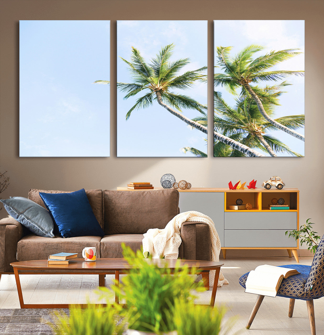 54719115-MGV-CV-60X30-3P-Palm Trees Wall Art Canvas Print – Framed Tropical Coastal Nature Scene Artwork for Home Office
