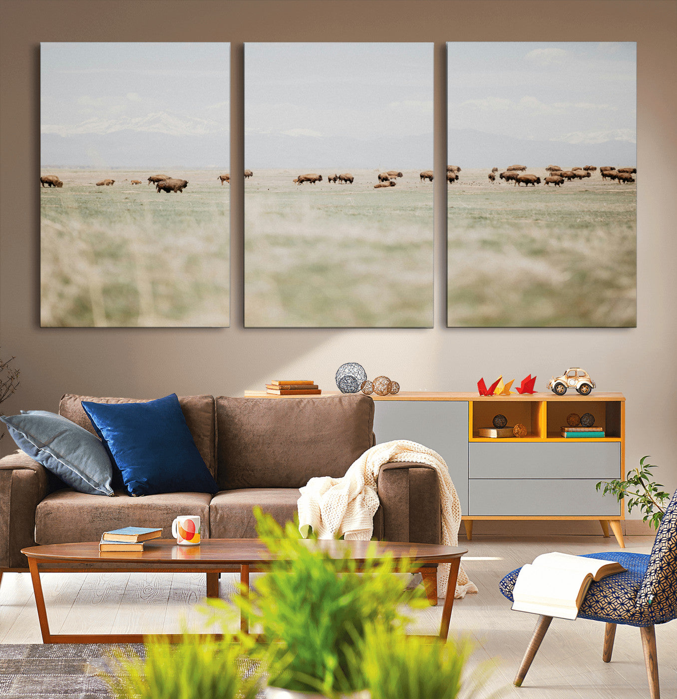 36510917-MGV-CV-36X24-Bison Herd Wall Art Canvas Print – Framed Western Bison Ranch Nature Scene Artwork for Home, Office, Living Room