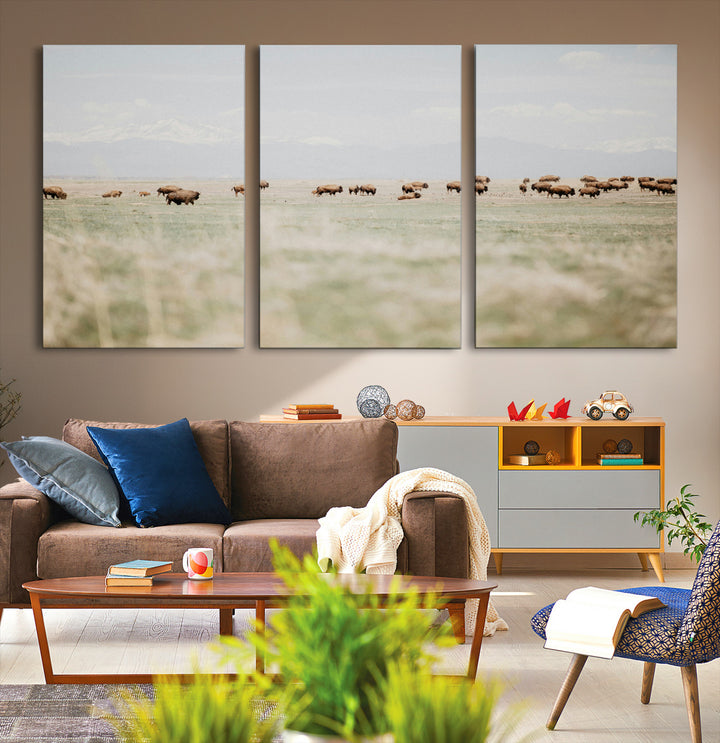 Bison Herd Wall Art Canvas Print, Framed Western Art Picture Print, Bison Perfect Ranch Decor Artwork
