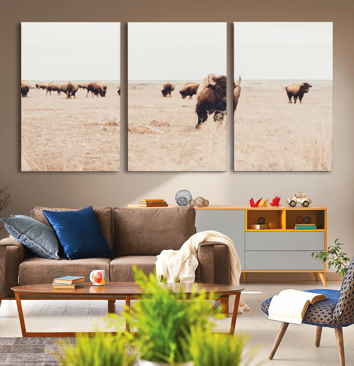 61367865-MGV-CV-36X24-Bison Herd Wall Art Canvas Print – Framed Western Prairie Serenity Ranch Nature Scene Artwork for Home Office
