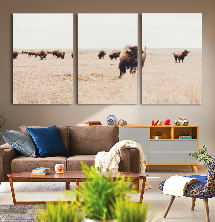 Bison Herd Wall Art Canvas Print, Framed Western Art Picture Print, Prairie Serenity Perfect Ranch Decor Artwork