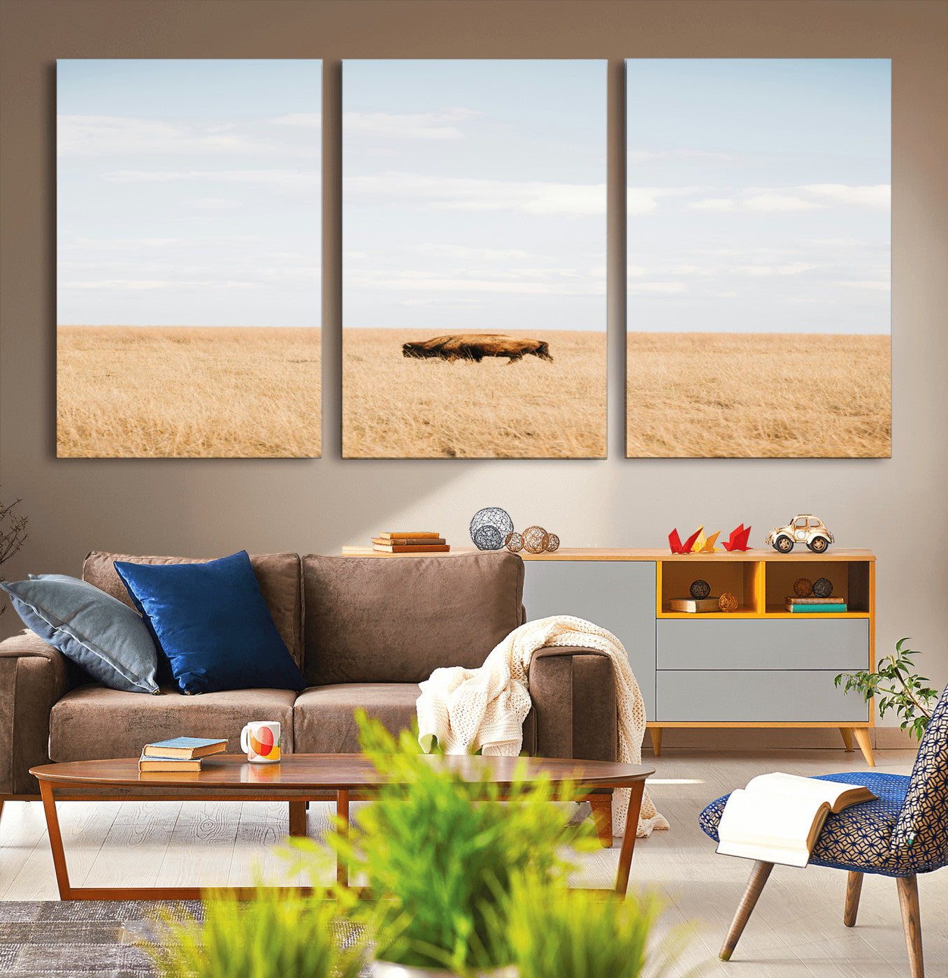 MGV-CV-60X30-3P - Minimalist Nature Wall Art Canvas Print, Framed Bison In Grassland Art Picture Print, Open Field Perfect Modern Ranch Decor Decor Artwork