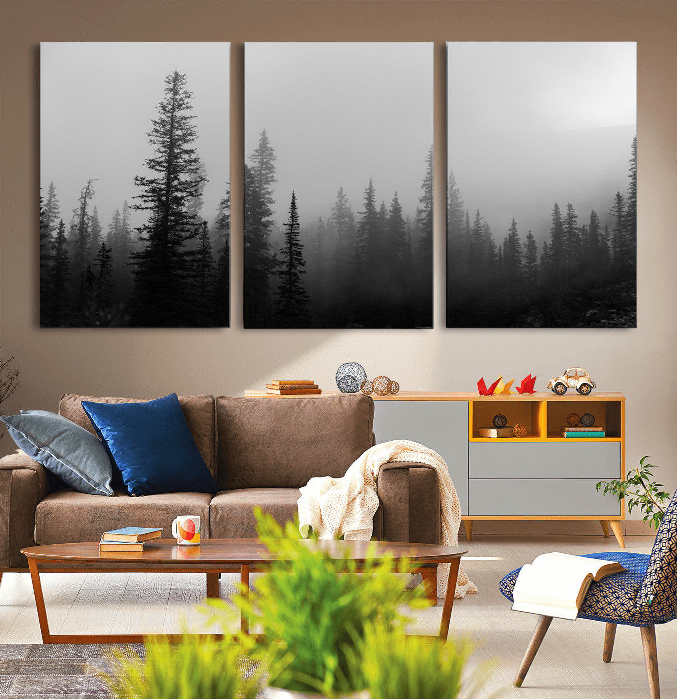 73138900-MGV-CV-36X24-Misty Pines Wall Art Canvas Print – Framed Woodland Minimalist Rustic Nature Scene Photography Artwork for Home Office