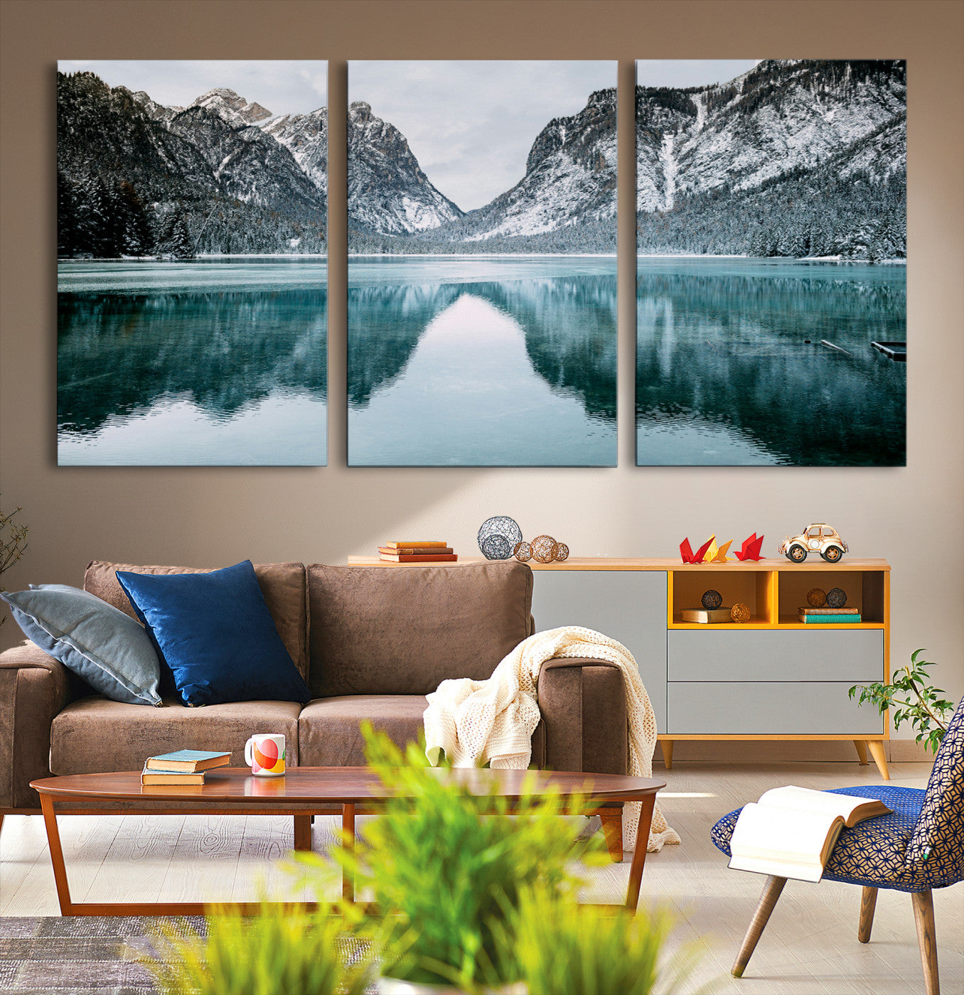 73098373-MGV-CV-36X24-Mountain Lake Wall Art Canvas Print – Snowy Peaks Winter Wonderland Scene Serene Nature Landscape Artwork for Home Office