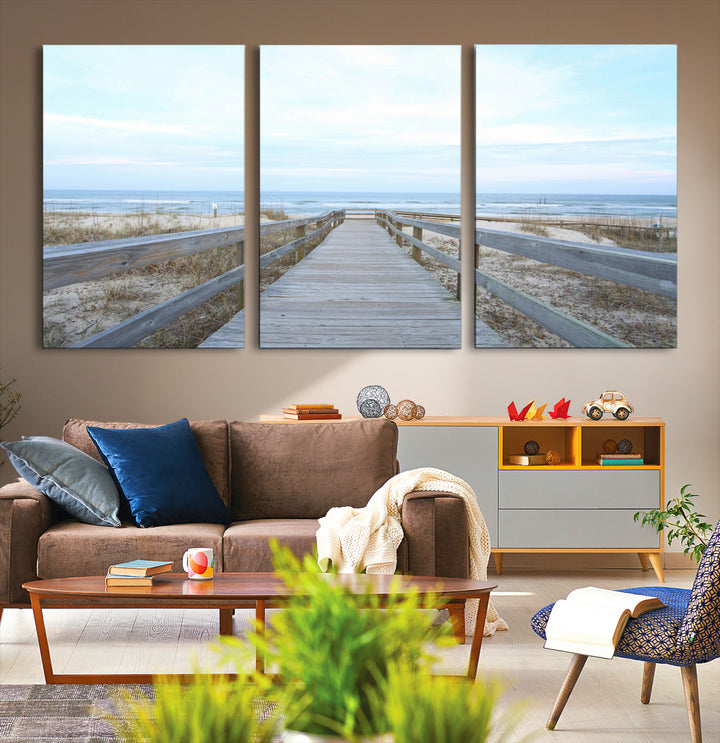 Beach Boardwalk Wall Art Canvas Print, Framed Coastal Serenity Art Picture Print, Ocean View Perfect Coastal Decor Artwork