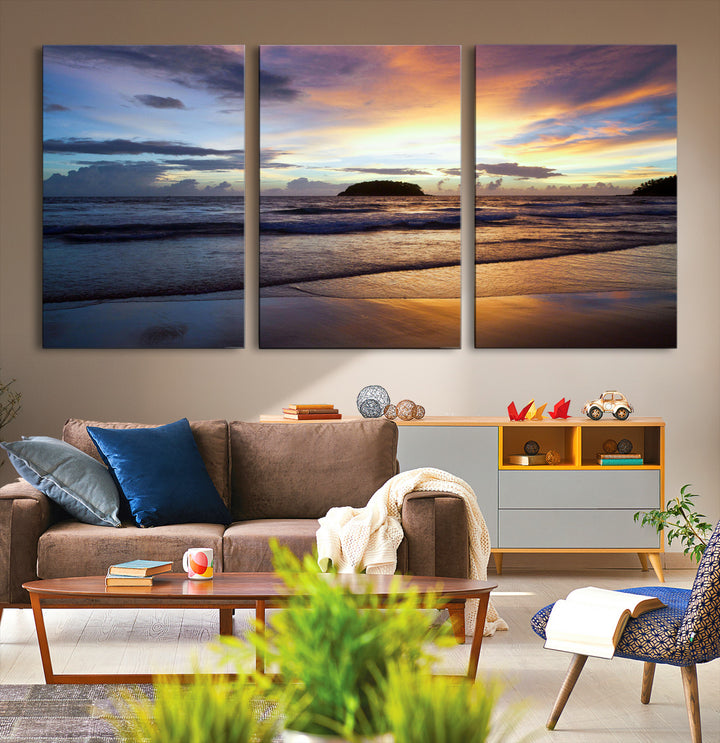 Beach Sunset Wall Art Canvas Print, Framed Ocean Waves Art Picture Print, Tropical Seascape Perfect Coastal Serenity Decor Artwork