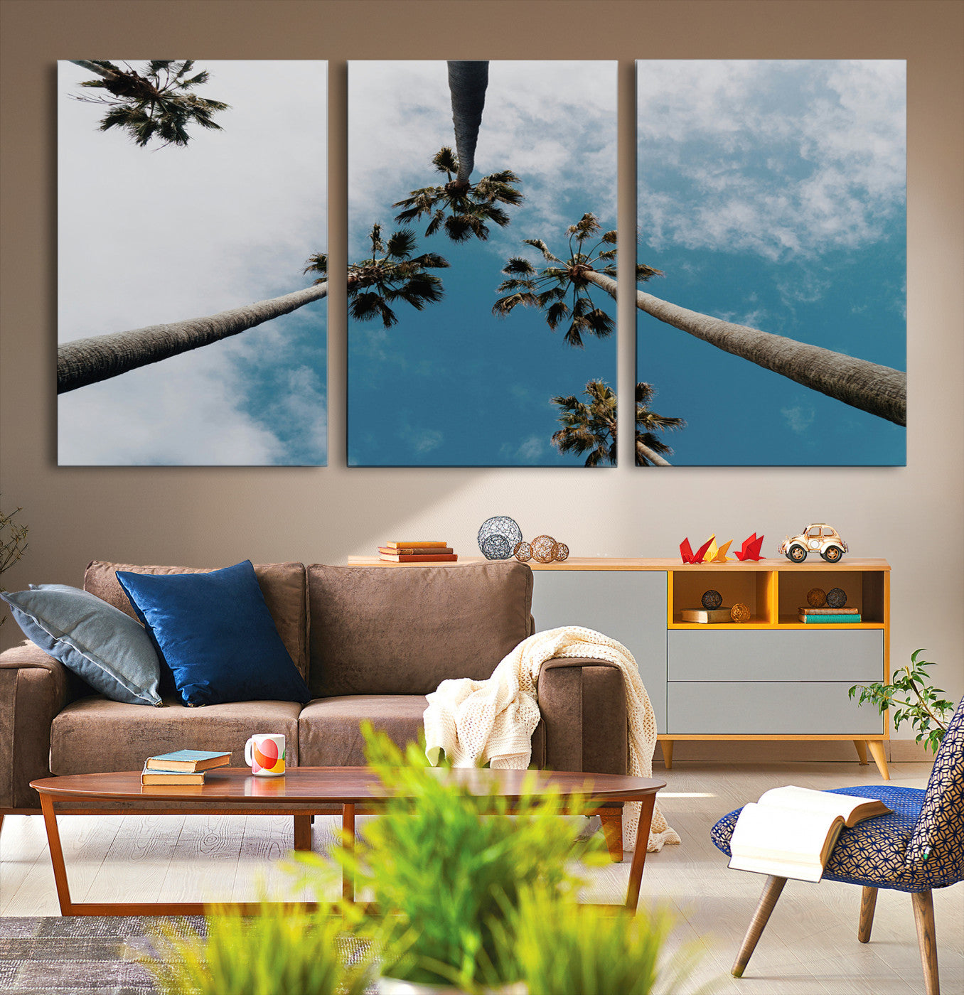 45236398-MGV-CV-36X24-Tropical Palm Trees Wall Art Canvas Print – Framed California Sky Minimalist Nature Scene Artwork for Home Office