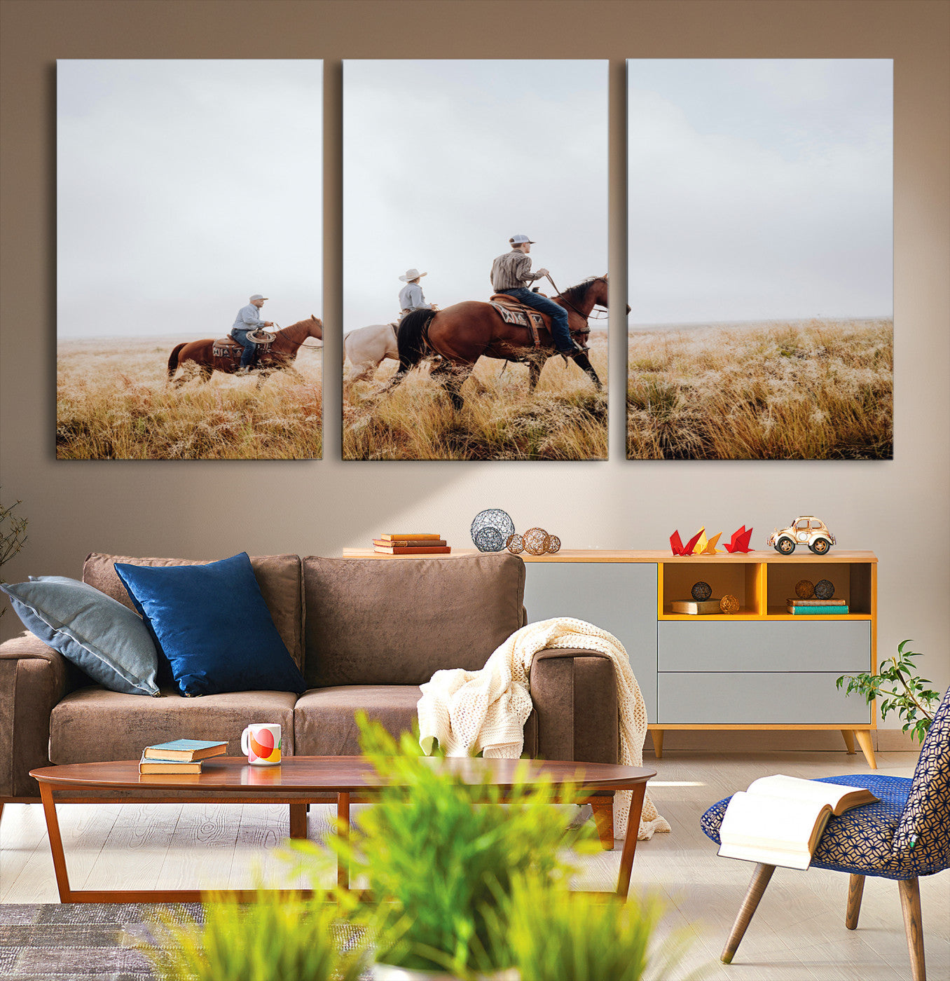 94723307-MGV-CV-36X24-Western Cowboys Wall Art Canvas Print – Rustic Prairie Horseback Riding Scene Country Landscape Artwork for Home Office